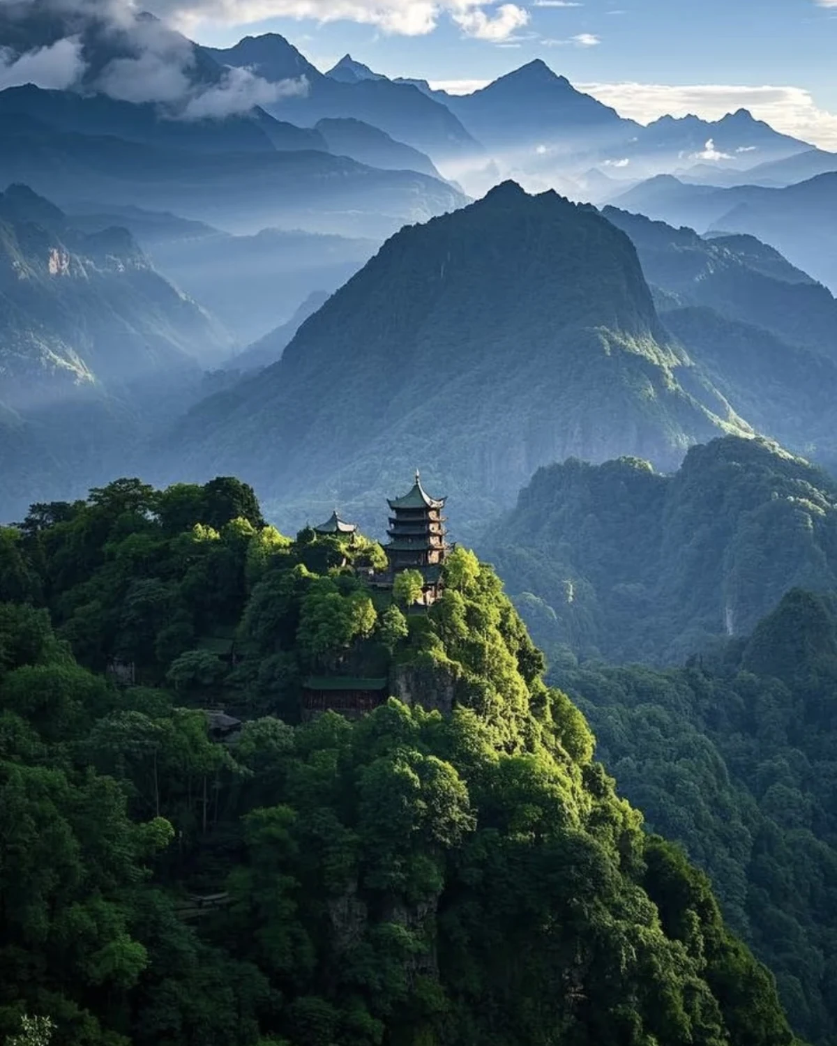 Layered mountain scenery in Qingchengshan-Dujiangyan National Park